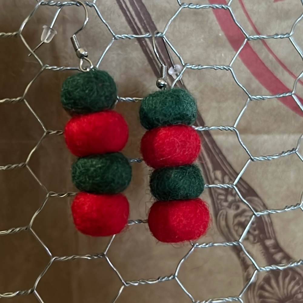 Trader Joe’s rectangle earrings Nepal Pom Pom holidays